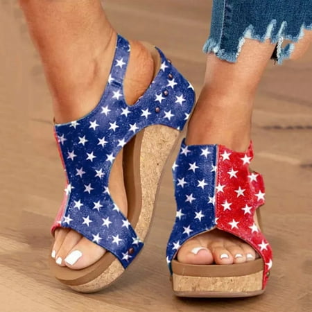 

VSSSJ July 4th American Flag Print Summer Sandals for Women Dressy Womens Hollow Out Slingback Espadrilles Open Toe Wedges High Heels Beach Sandals Red 41