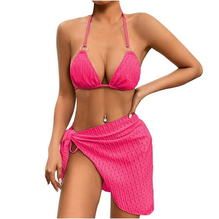 UTSJKR Savings Women s 3 Piece Swimsuits Sexy Halter Triangle String Bikini Set with Beach Skirt Cheeky High Waisted Bathing Suit Hot Pink M