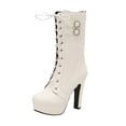 thumbnail image 2 of PiGOGI Women's High Heel Boots Lace Up Belt Buckle Fashion Winter Fall Boots for Women Nude Color Comfortable Chunky Heel Stylish White 38, 2 of 6