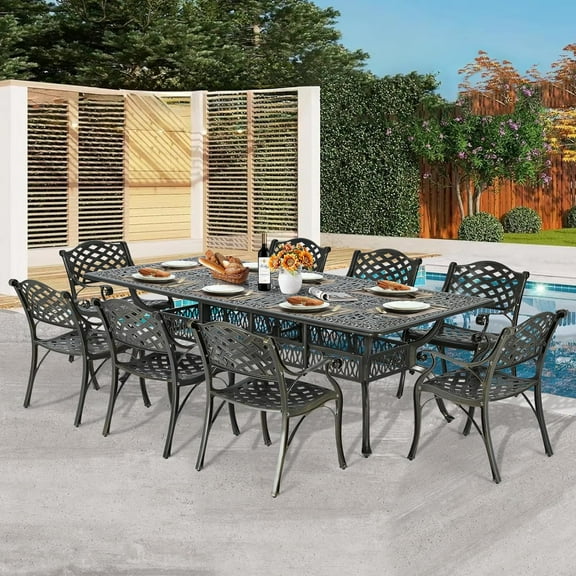 9-Piece Patio Dining Set for 8, All Weather Cast Aluminum Outdoor Funiture Table and Chairs Set - 94.5" Rectangular Table and 8 Dining Chairs, 2" Umbrella Hole