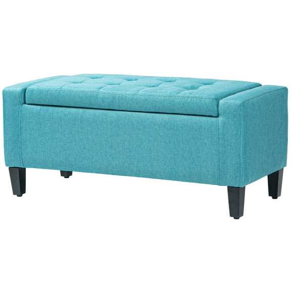 HOMCOM Green Linen Storage Ottoman Bench with Tufted Design, 36" W x 16" H, Upholstered Footrest & Bed Stool for Living Room & Bedroom Organization