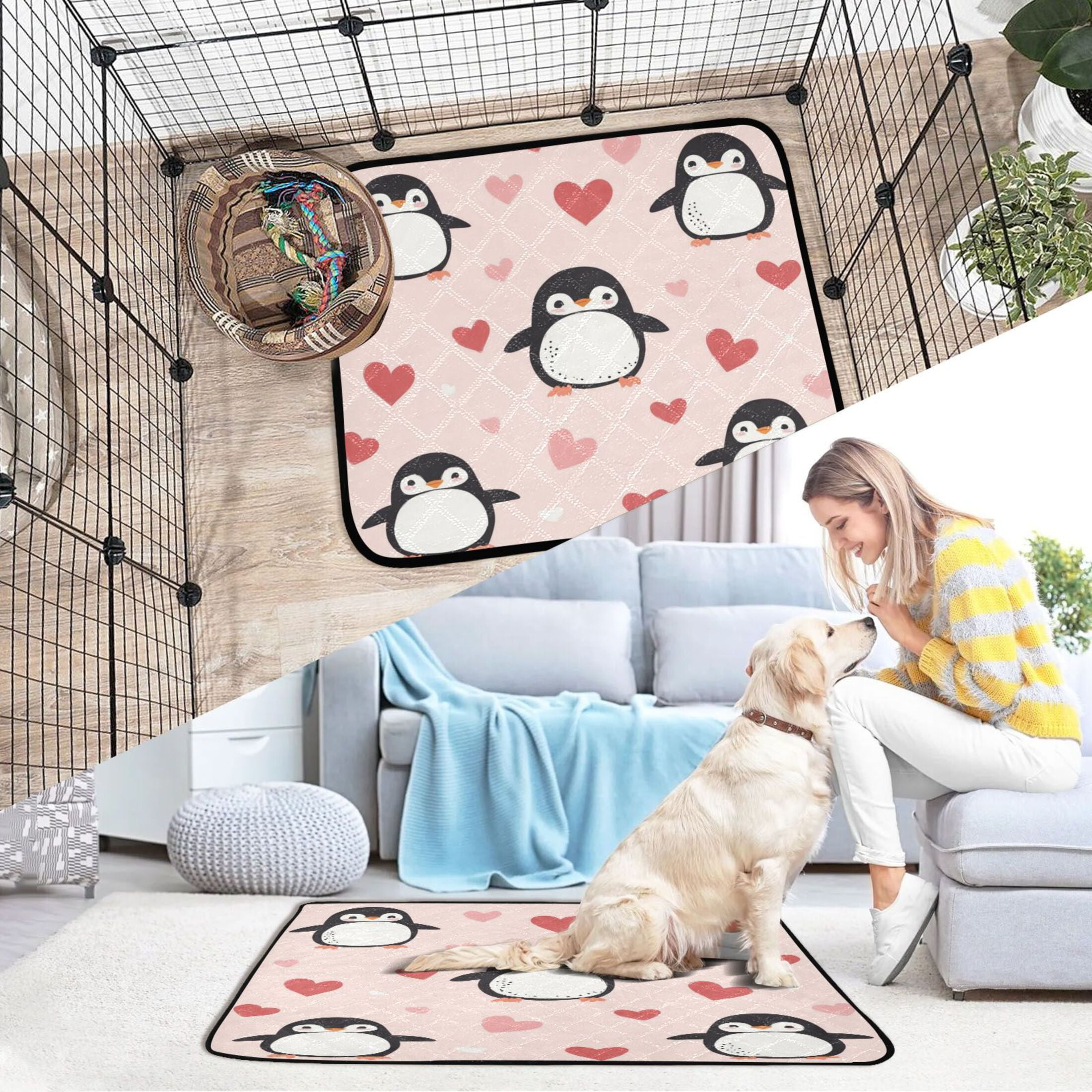 Qxltty Cute Penguins Hearts Pattern Cat litter Pads Pet Set of 3 Diaper Mats Center Anti-leakage Layer Absorbent Soft and Comfortable