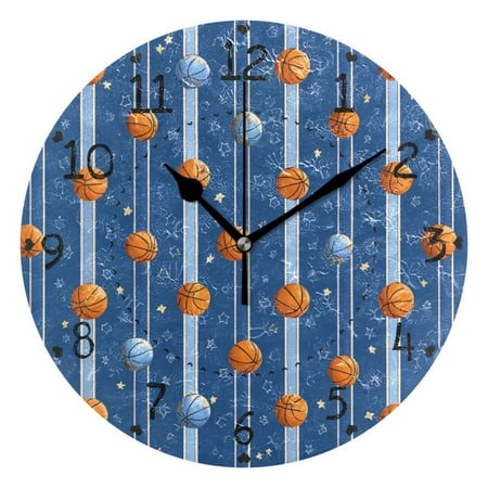 Basketballs Stars Stripes Round Wall Clock Silent Analog Battery Operated Black Pointer Home Decor 9.84 Diameter