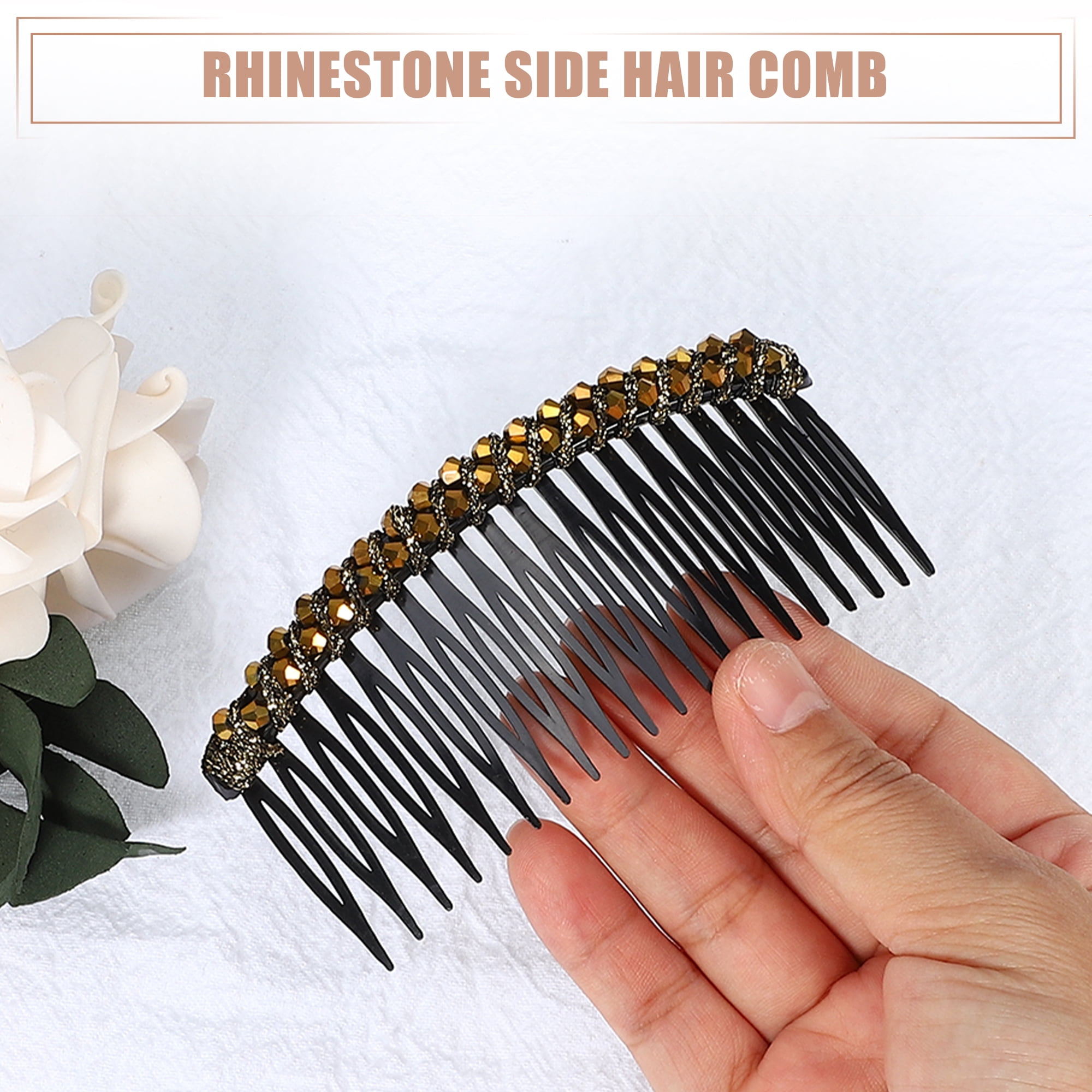 Unique Bargains 2 Pcs Rhinestone Side Hair Combs 20 Teeth 24 Wide Teeth Slide Combs Champagne 3.94"x1.77"(L*W)