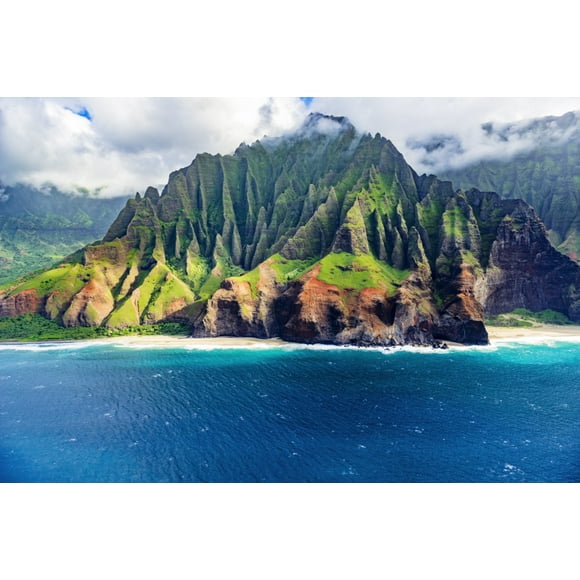 Kalalau Beach on the Na Pali Coast, Coast Wilderness State Park, Kauai, Hawaii, USA. Poster Print by Russ Bishop (18 x 24)