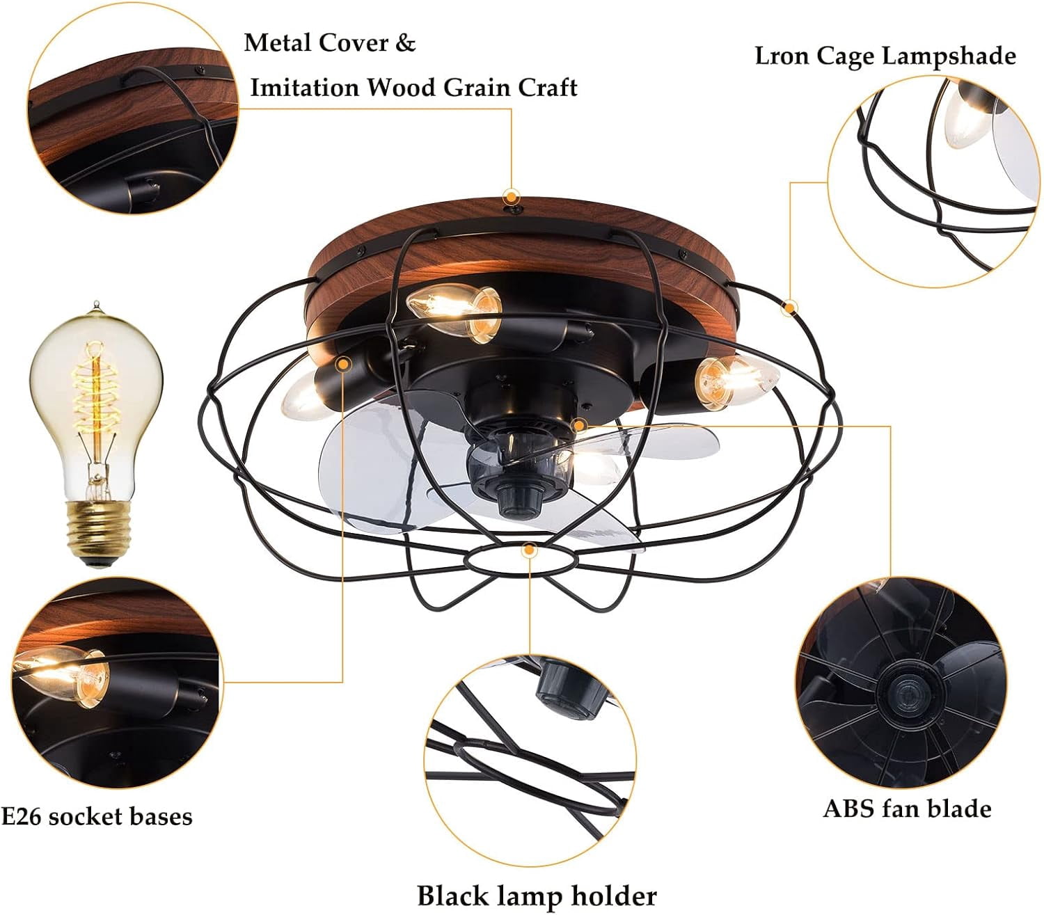 18" Black Metal Caged Ceiling Fan with Remote Modern Small Indoor Fan Light Kit Enclosed Flush Mount Fan for Bedroom Living Room, E26x4 Bulbs NOT Included