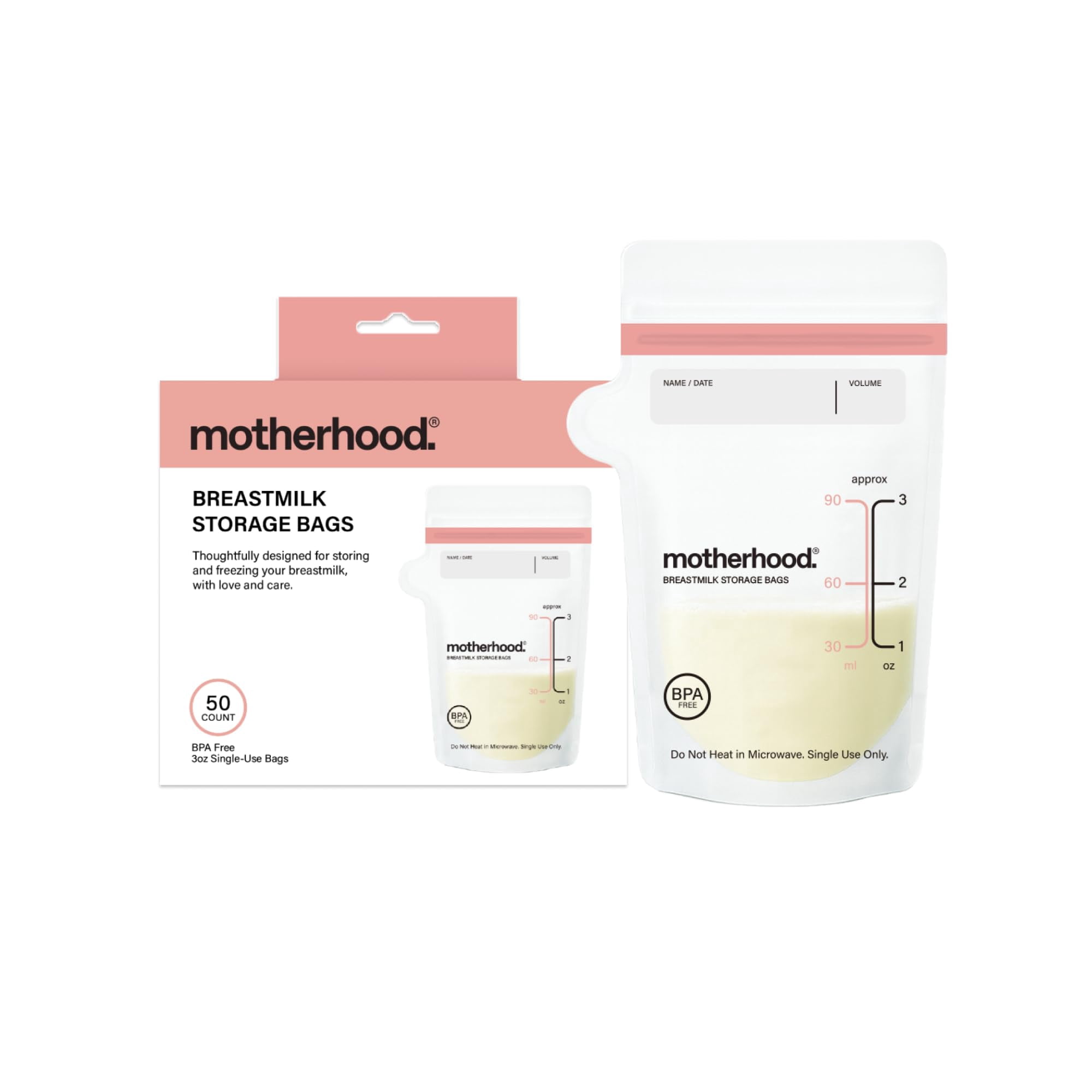 Motherhood Collection Breastmilk Storage Bags, 3 oz, 100 Count (50 Bags x 2 Pack) – Leak Proof Breast Milk Freezer Storage Bags, Pre-Sterilized & BPA Free, Self-Standing & Flat Lay