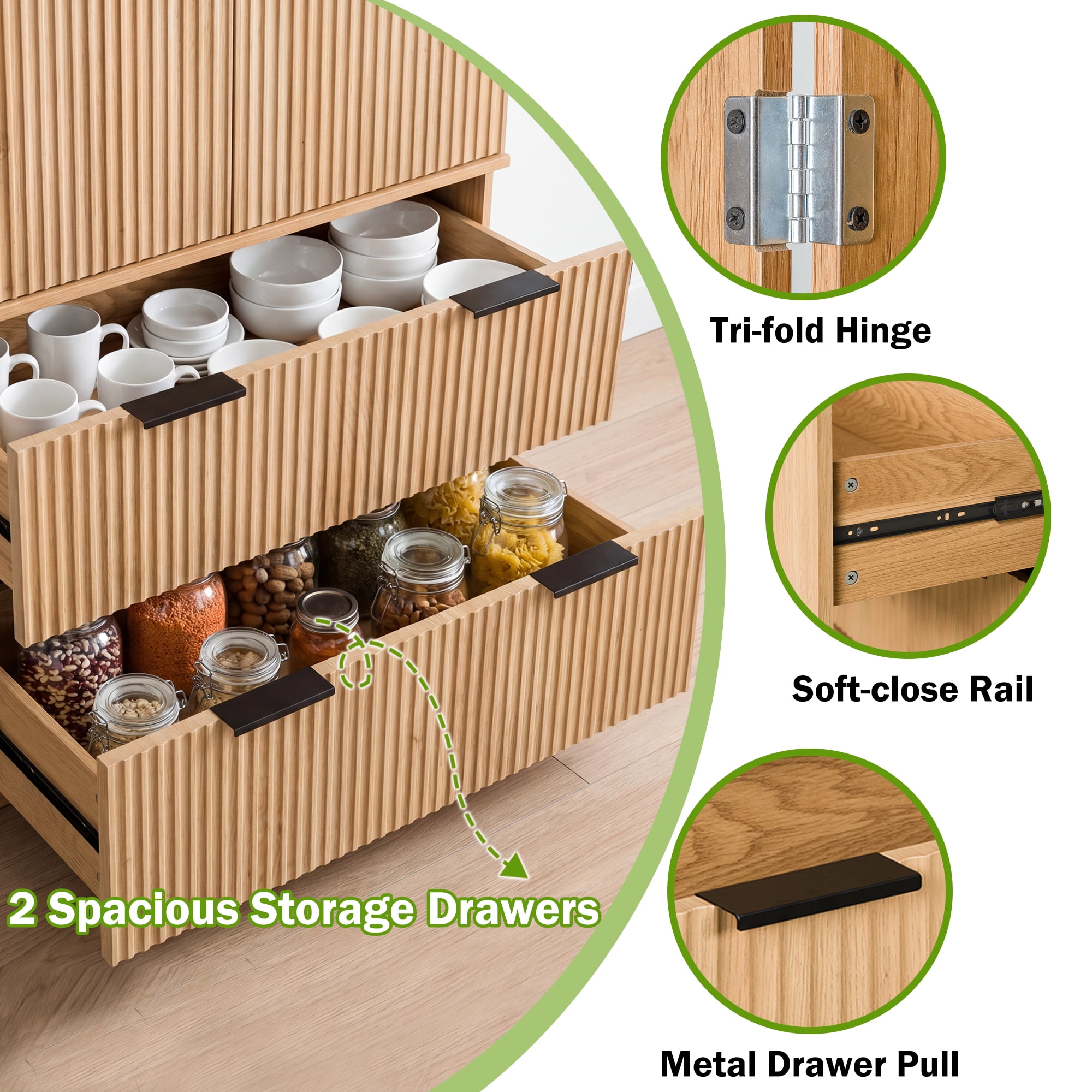 Howcool 72"H Fluted Kitchen Pantry Cabinet,Freestanding Storage Organizer with 2 Large Drawers,8-Door Spice Racks & Adjustable Shelves for Kitchen,Dining Room,Bathroom,Entryway,Oak