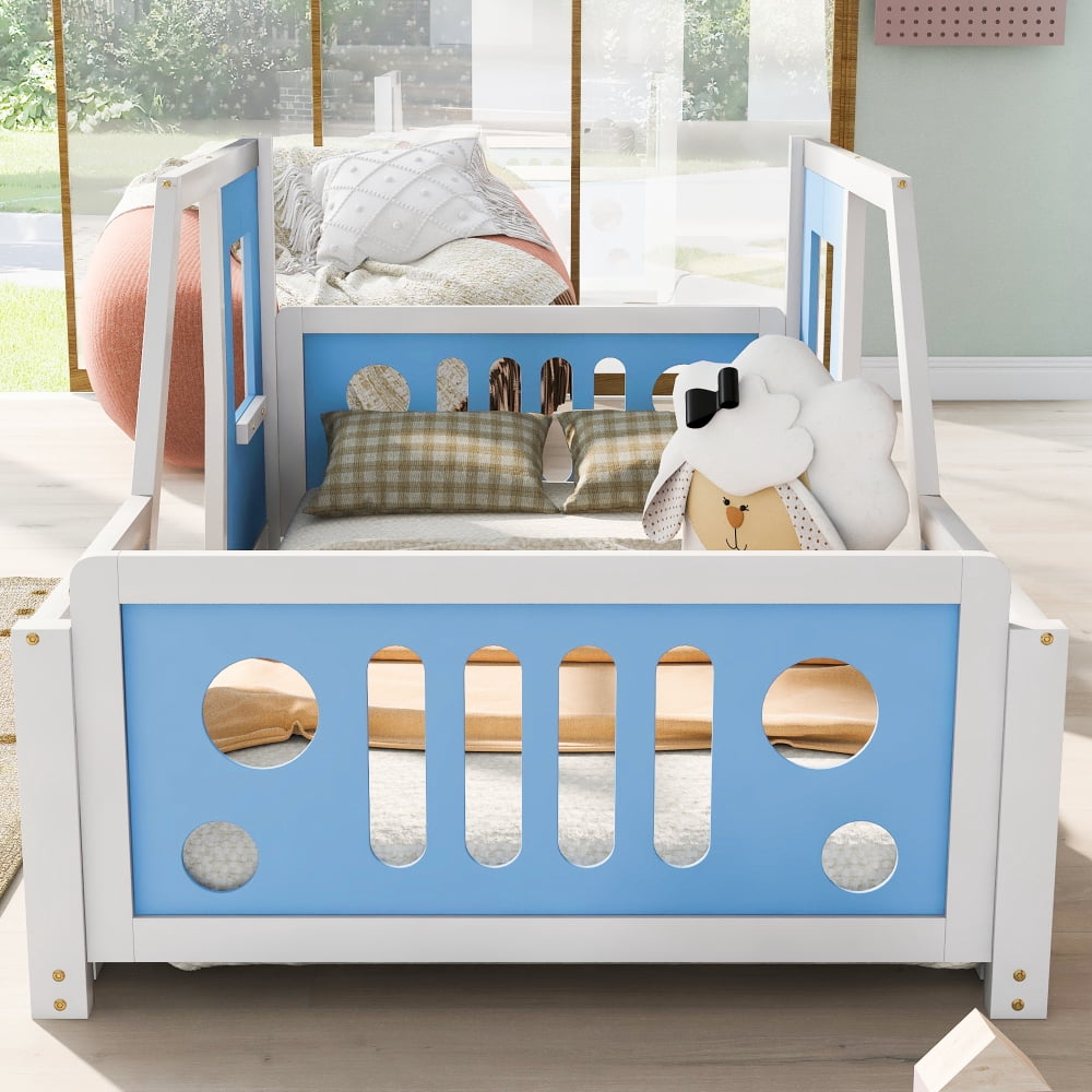 Gzxs Twin Size Platform Bed Classic Car-Shaped Wooden Bed Frame with Wheels for Bedroom Playroom, Blue