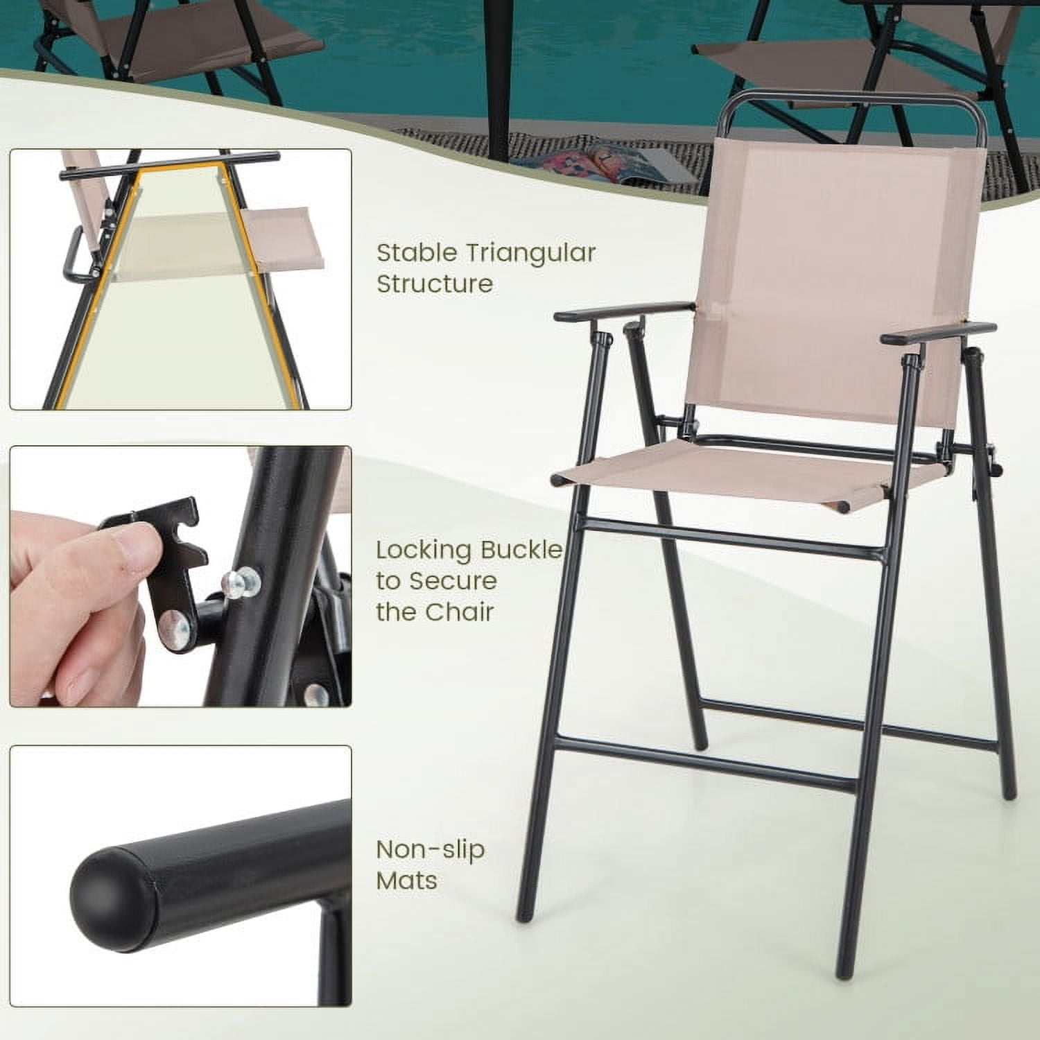Yardi Yard Set of 2 Patio Folding Bar-Height Chairs with Armrests and Quick-Drying Seat-Beige, Outdoor Furniture Chairs for Backyard, Porch, Garden, Poolside
