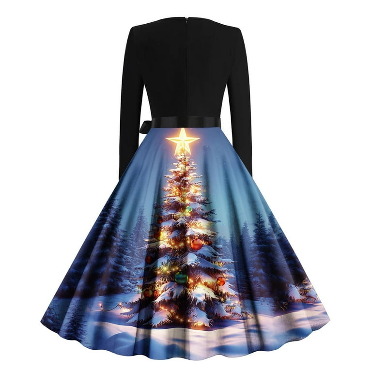 Lorytime 50s Style Formal Dresses for Women Christmas Tree Crew Neck A Line  Dress Long Sleeve Party Dresses with Belt - Walmart.com