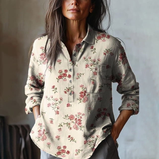 YLHFASHION Chemise en Coton Confortable à Manches Longues Décontractée à Imprimé Artistique Floral Rétro pour Femmes Articles en Liquidation Chemises pour Femmes