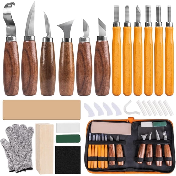 19-in-1 Wood Carving Tools Set, Kvago Wood Whittling Kit with Wood Carving Knives Detail Knives, Cut Resistant Gloves & Carving Accessories, Wooden Carving Knife for Adults Beginners Woodworking DIY