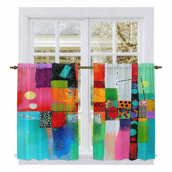 Colorful Oil Painted Tier Curtains, Modern Abstract Art Vintage Light Filtering Kitchen Curtains, 2Pcs Rod Pocket Half Window Treatments Panels for Sink Cafe Cabinet Basement 27.5x45 Inches