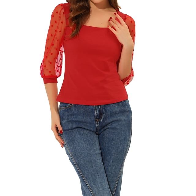 INSPIRAR CHIC Blusa de Malla Semitransparente de Cuello Cuadrado con Puntos Blancos y Mangas 3/4 XS Roja