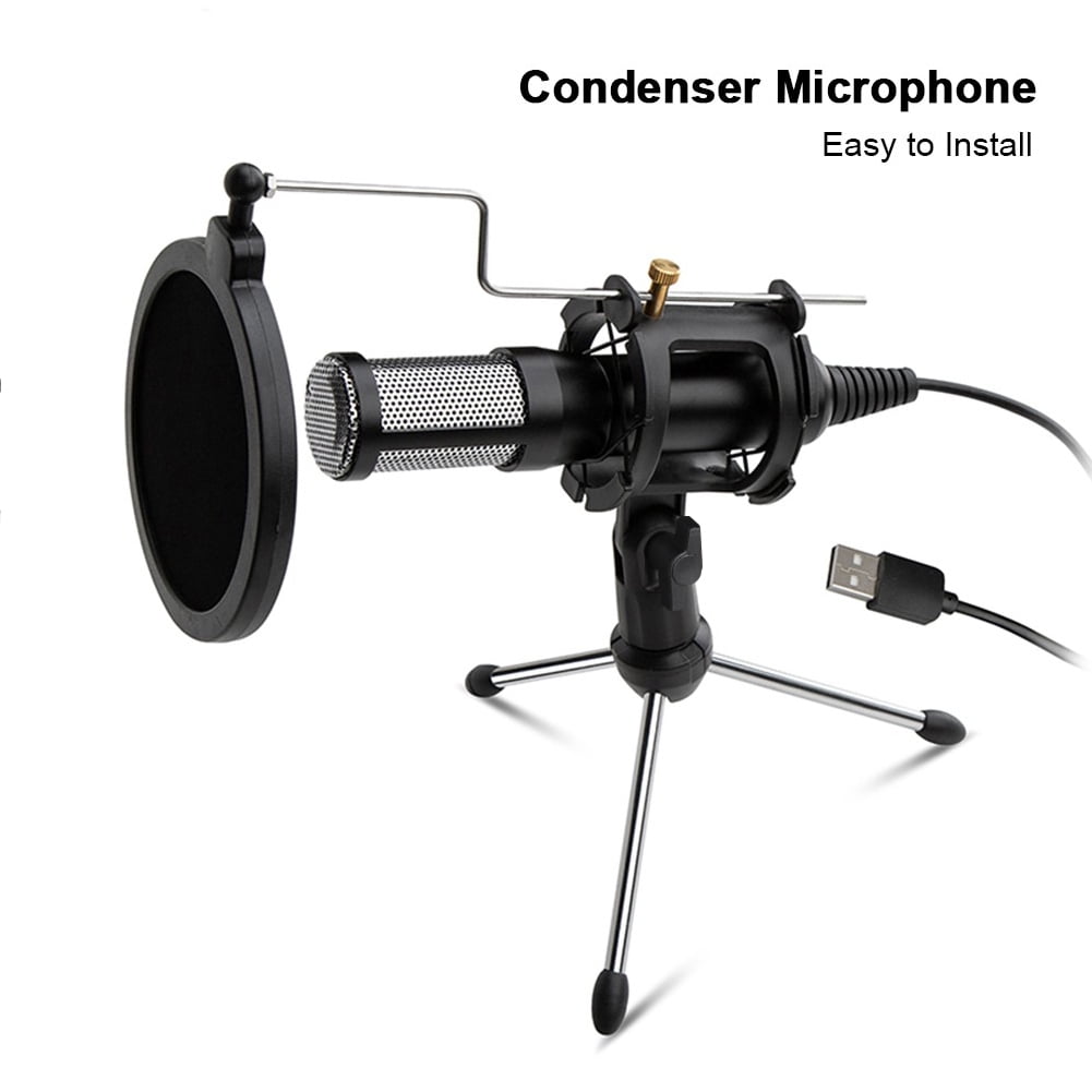 Kepooman Portable Plug & Play Computer Microphone with Adjustable Tripod Stand & Wind Screen Shield, Black