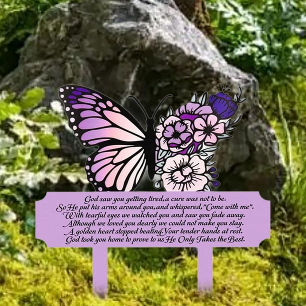 Marcador de tumba conmemorativo, estaca de jardín de mariposas, entierro, resistente a intemperie, decoración de cementerio, placa, letrero para Púrpura
