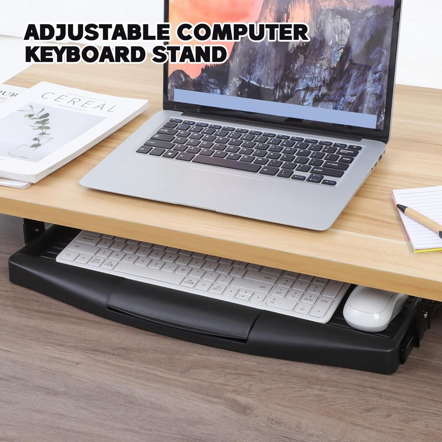 Adjustable Under Desk Keyboard Tray with Slide-Out Drawer, 20.67x9.06 Inches, Saves Space & Reduces Wrist Pain for Home Office and Gaming