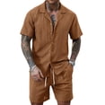 thumbnail image 2 of Maqroz Mens 2 Piece Outfits Short Sleeve Button Down Top & Shorts Hollow Out Breathable Knit Set Fashion Casual Textured Summer Streetwear, 2 of 7