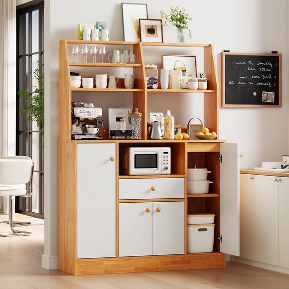 Farmhouse Buffet Sideboard Cabinet with Hutch Adjustable Shelves Brown White