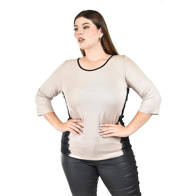 Blusa con diseño bicolor Roman Fashion /Tallas Extras, 1506 (Beige) beige 42