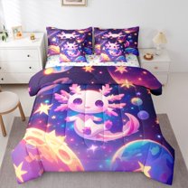Manfei Cute Salamander 7-Piece Bedding Comforter Set,Galaxy Starry Sky King Bedding Sets,Pink Kawaii Axolotl Bed Sheets For Girl Kids,Super Cozy Room Decor Reversible