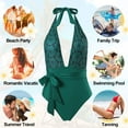 thumbnail image 5 of 1 juego de bañador de una pieza verde ajustado para mujer con estampado vintage y falda cruzada, 5 of 5