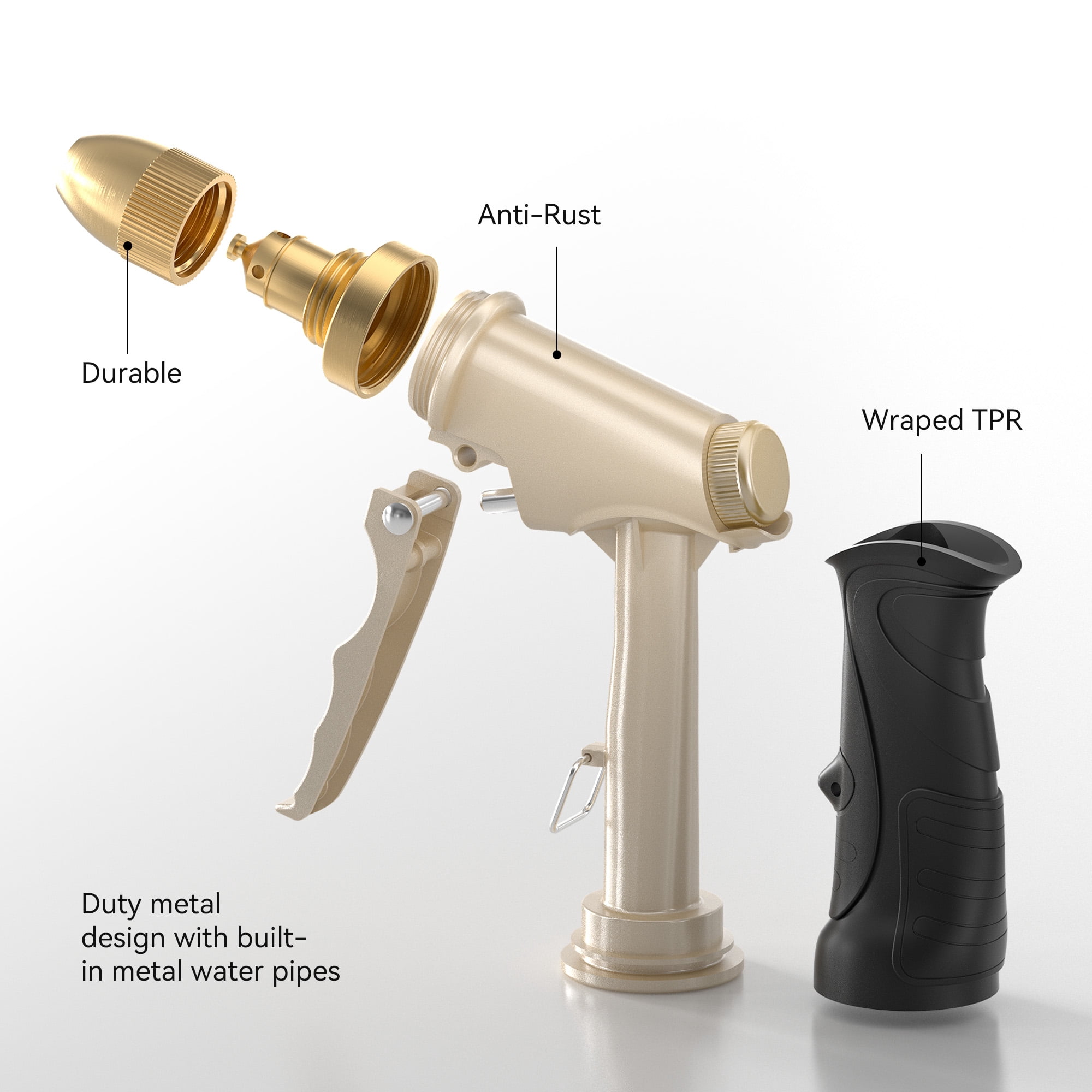 RainPoint Heavy Duty Garden Hose Nozzle - High Pressure Metal Spray Gun with Rotating Brass Nozzle Head for Watering, Car Washing