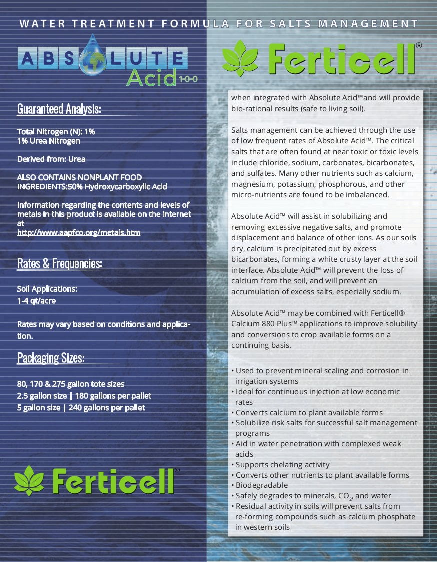 Ferticell Absolute Acid 1-0-0  Soil Conditioner/Fertilizer 2.5 Gallons, Ferticell