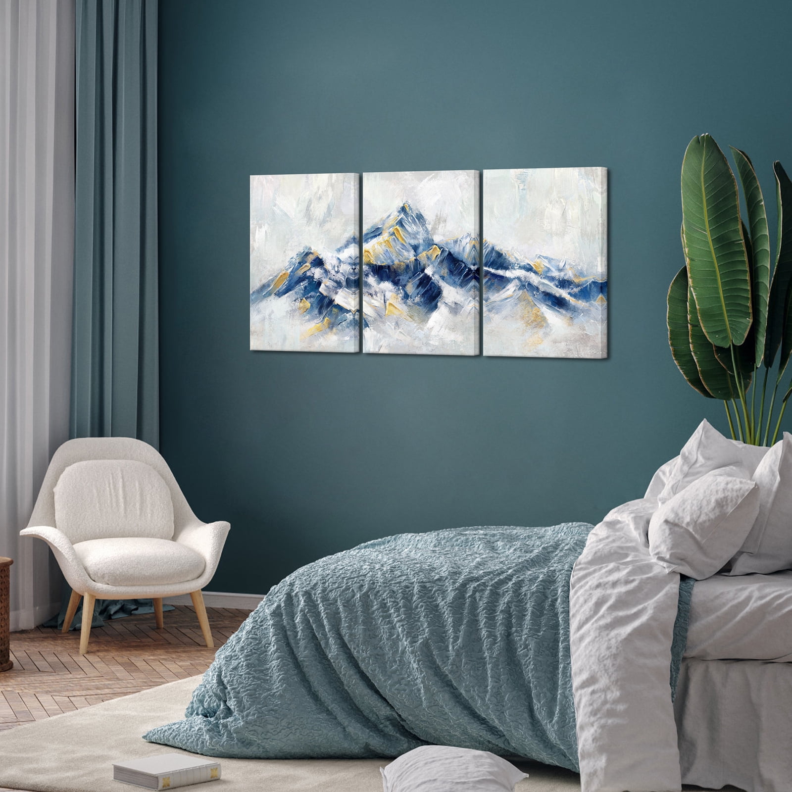 Visual Art Decor Blue Decor Large Abstract Framed Canvas Wall Art 3 Piece Mountain Landscape Bedroom Living Room Home Decorations Paintings Pictures Prints Modern Artwork 16"x 24"x 3 Pcs