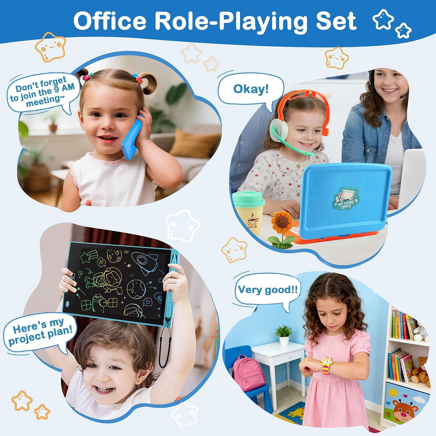 Aijohnny Pretend Play Home Office Set for Kids,Toddler Computer,Phone,LCD Writing Tablet,Pop Fidget Calculator，Headset,Coffee Cup and Watch,Birthday Gift for Boys