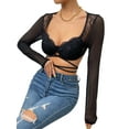 thumbnail image 5 of Biezeib Women’s Lace Patchwork Crop Tops, Long Sleeve Sweetheart Neck Cross Tie-up T-Shirts, 5 of 6
