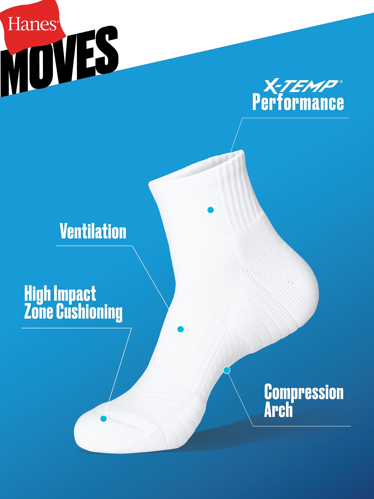 Hanes Mens Ankle Socks Value, 3-Pack, Moves Impact Zone Cushioned Socks, Shoe Sizes 6-12