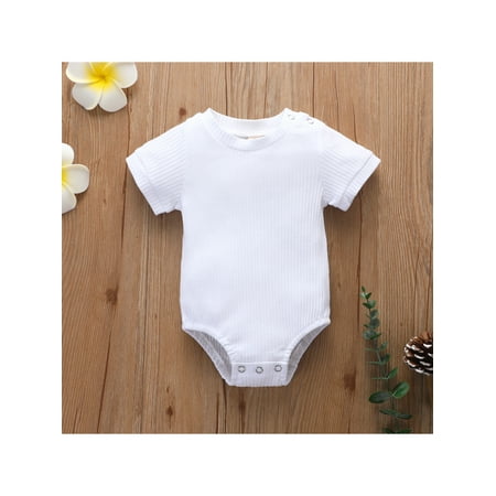 

Chollius Newborn Infant Baby Girl Boy Summer Clothes Solid ColorCrew Neck Short Sleeve Rib Romper Loose Triangle Snap Button Bodysuit