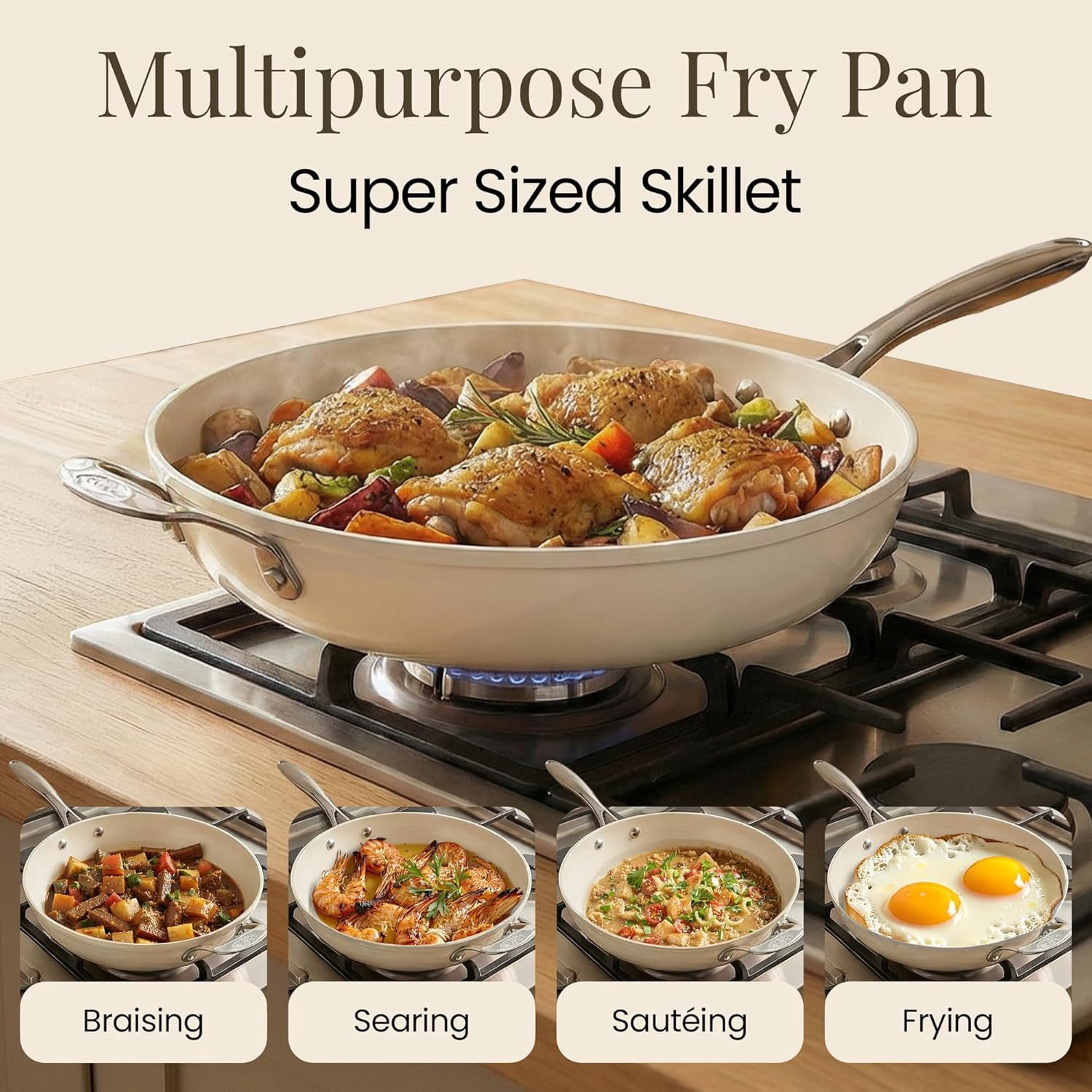 14 Inch Non Stick Frying Pans, Large Family Sized Nonstick Cooking Pan Skillet, Nonstick, Oven and Dishwasher Safe, Cream White