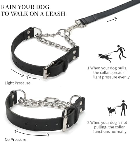 Martingale Collar for Dogs No-Pull Adjustable Training Collar with Stainless Steel Chain - Genuine Leather Anti-Slip Design for Small,Medium,Large Breed Dogs - Black (L)