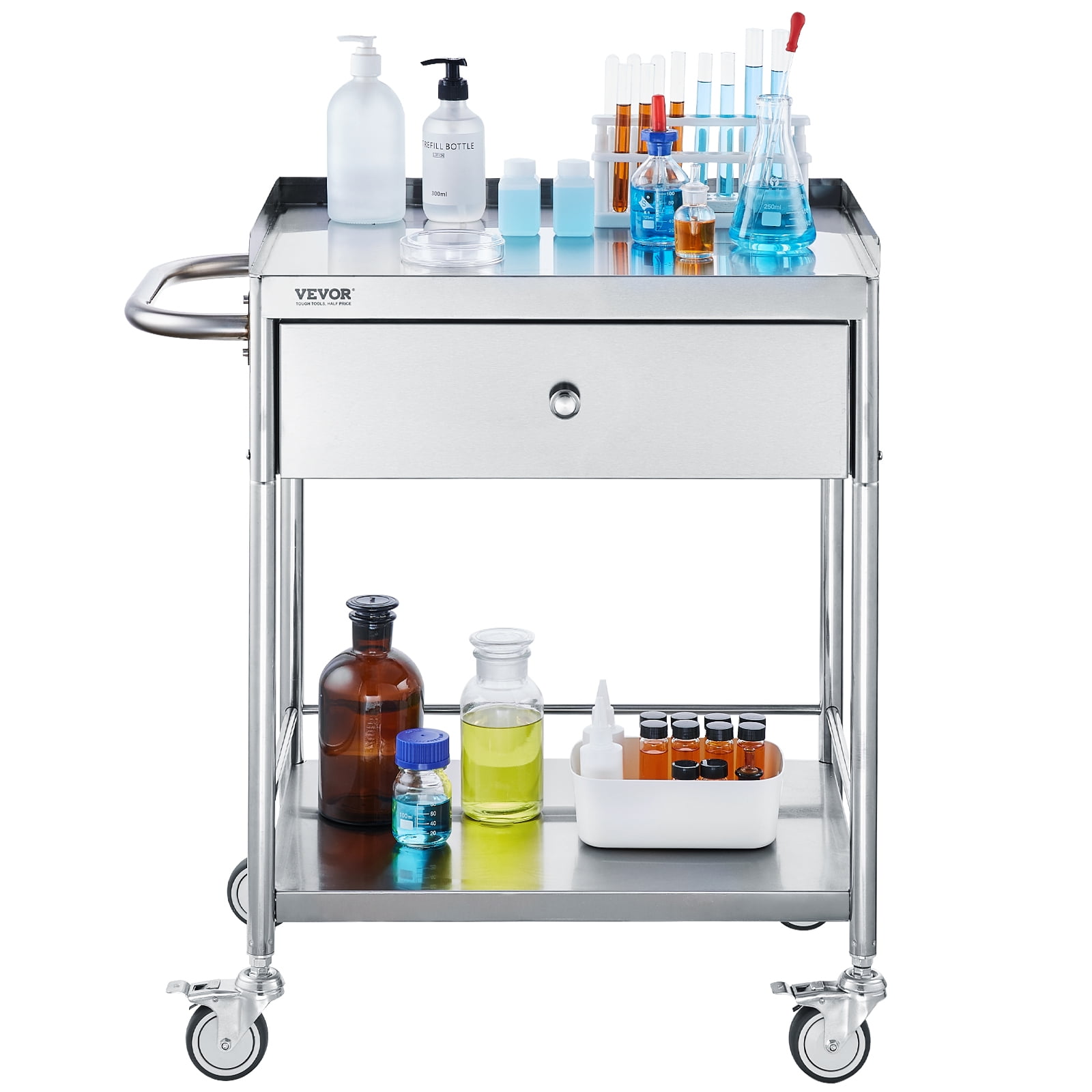 VEVOR 2-Tier Lab Cart Stainless Steel Cart Utility Rolling Cart Mobile Lab Utility Cart with A Drawer & 3 Shelves 220 lbs Catering Dental Utility Cart Dolly Restaurant 28.0'' x 16.6'' x 30.9''