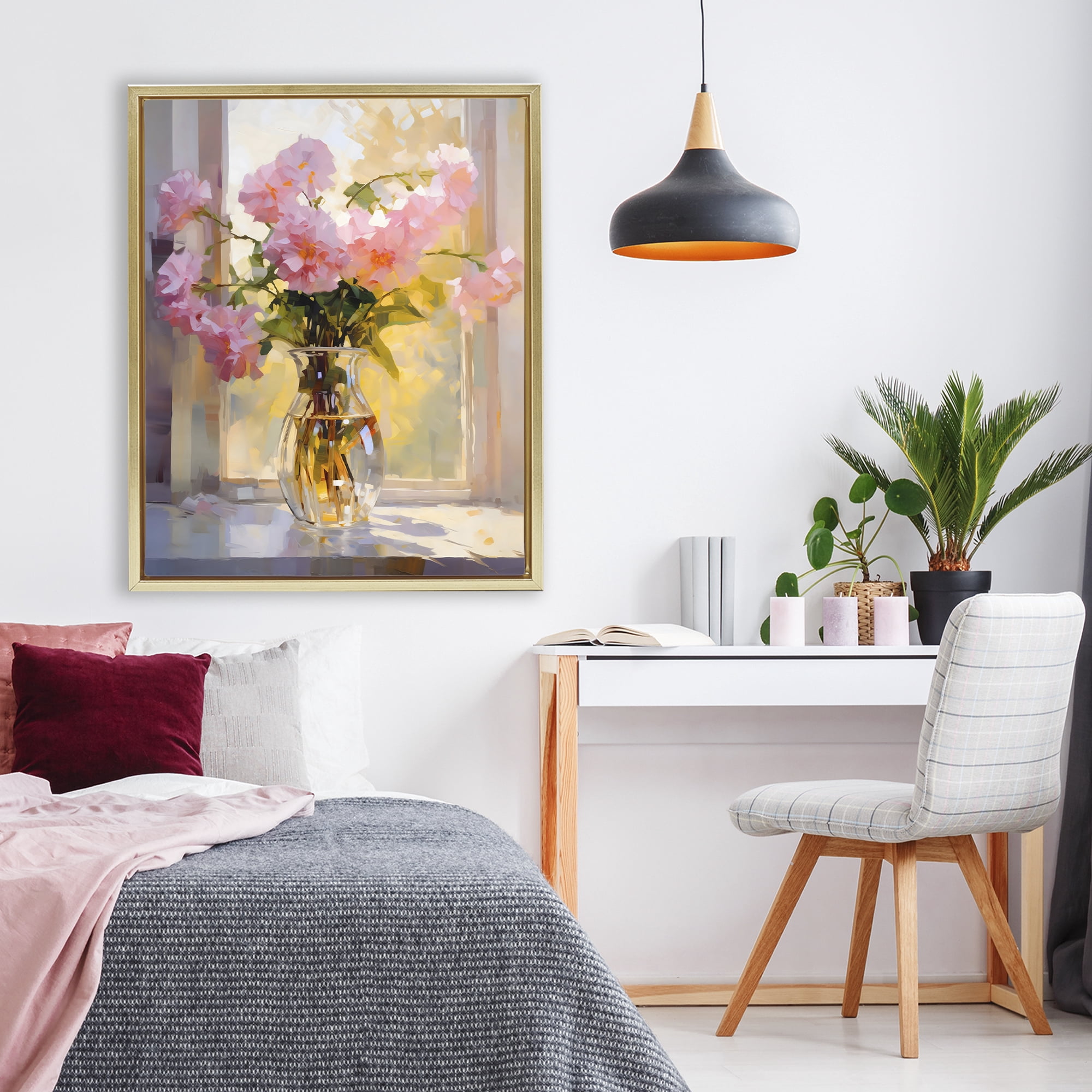 Stupell Industries Pink Flowers in Sunlit Vase Gold Framed Floater Canvas Wall Art, design by Creative Studio