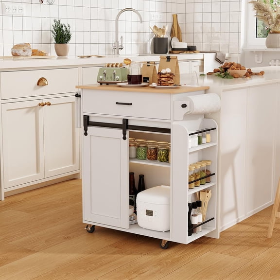 Kitchen Island with Storage, Kitchen Storage Cabinets with Charging Station, Kitchen Island on Wheels, Rolling Island Table with Sliding Cabinet Door, White and Natural ZD01UWN