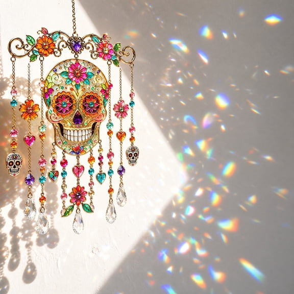 Halloween ghost Sun Catcher Wind Chime Hanging Ornament, Ghost skull bat hummingbird Suncatcher Panel Acrylic Light Catcher for Window, Spooky Seasonal Decor