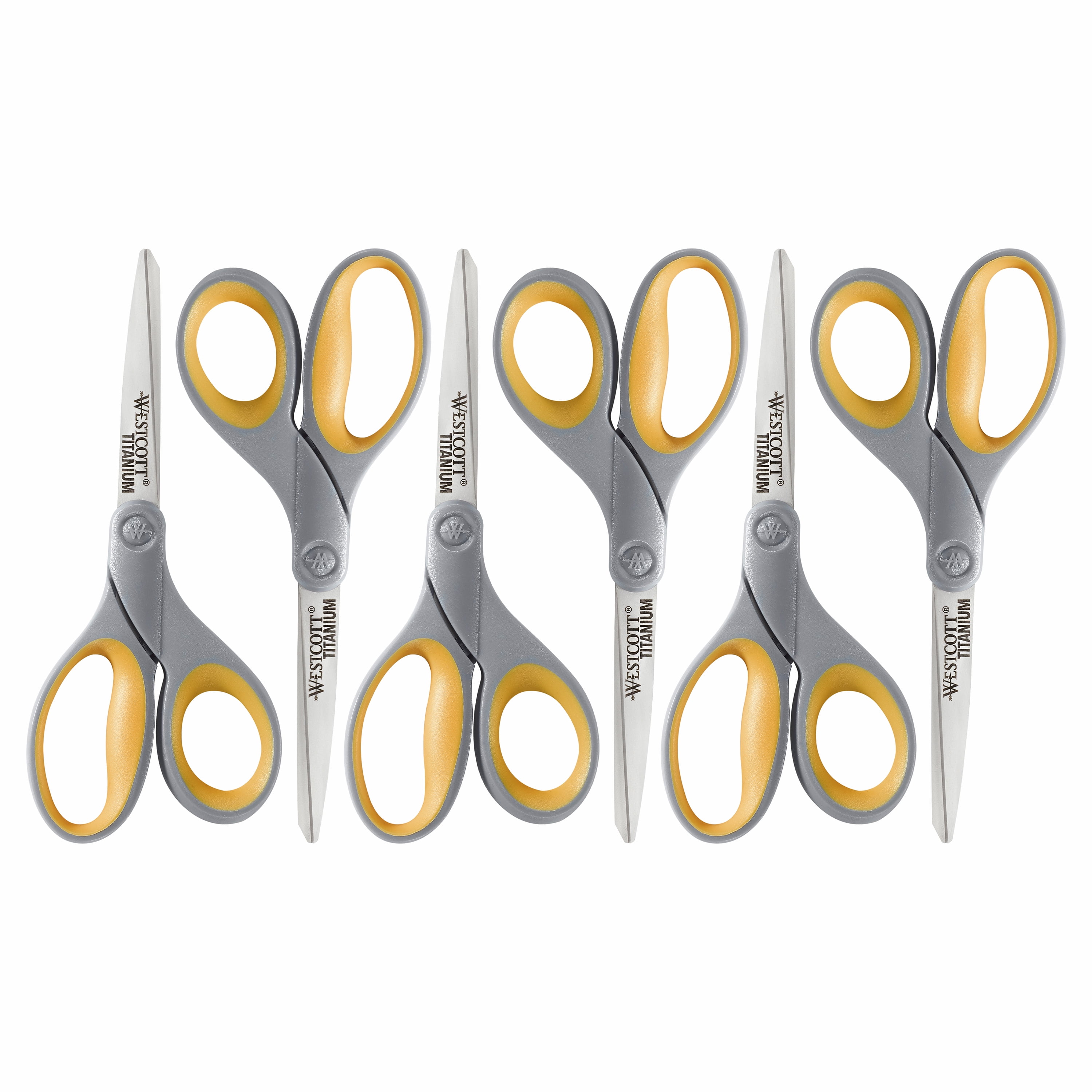 Westcott Titanium Scissors, 7', Straight, Gray/Yellow, for Office, 6 Pack