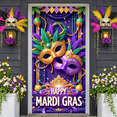 thumbnail image 5 of Purple Gold Green Mardi Gras Banner Feather Decorated Carnival Display Beaded Trim Ornate Mask Festive Backdrop for Mardi Gras Celebration Carnival Party Masquerade Event, 5 of 9