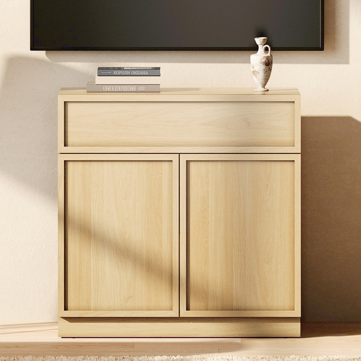 WAMPAT Modern TV Stand for TVs Up to 40", Wooden Entertainment Center TV Console with 2 Doors and Drawer, Media Console Cabinet with Adjustable Shelf for Living Room, Bedroom, Oak