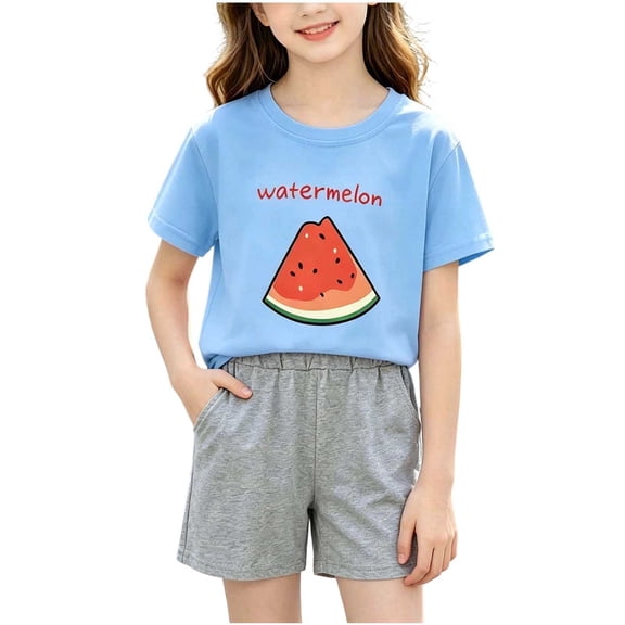 Tdoqot Little Girls Outfits Set 2 PC- Short Sleeve Cute Kids Summer Clothes Cotton T Shirts and Shorts Light Blue Size 8
