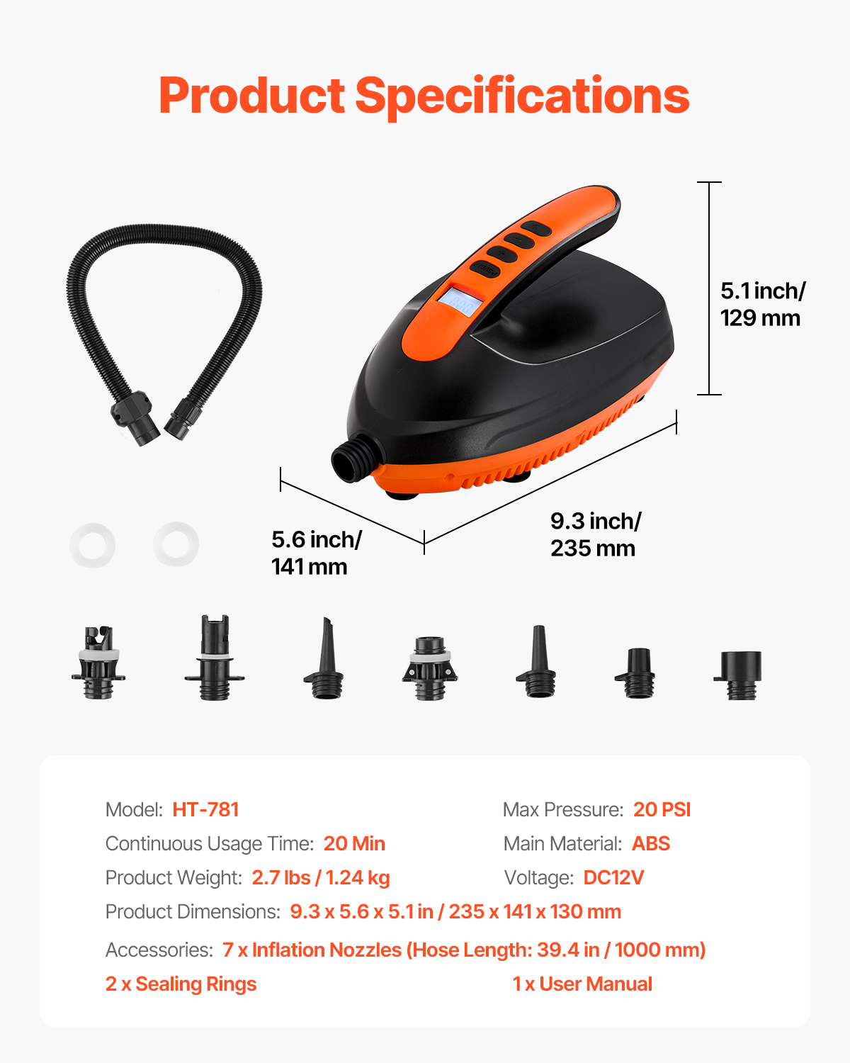 VEVOR Paddle Board Pump, 20PSI High Pressure Electric SUP Air Pump, 70 L/Min Inflating Speed SUP Inflator with Auto-Off and 12V DC Car Connector, Ideal for Inflatable Paddle Board, Tent and Mattress