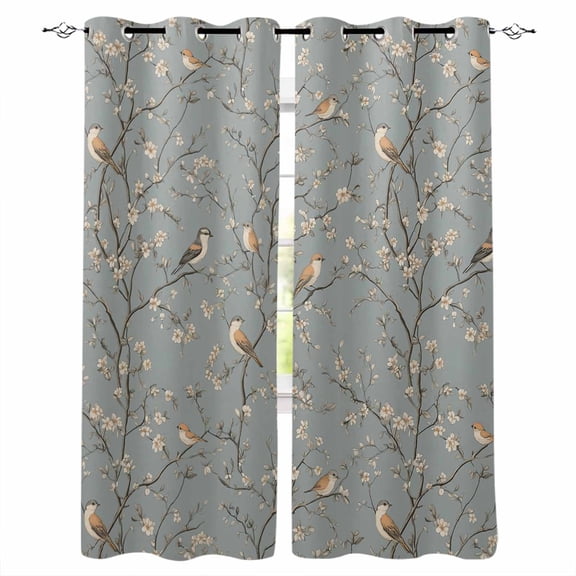 Tree Birds Blackout Curtains 45 Inches Long for Bedroom, Vintage Grey Flower Floral Branch Spring Thermal Insulated Room Darkening Black Out Window Curtain Panels Grommet Drapes for Living Room