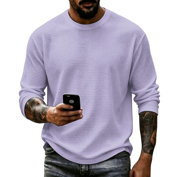 Oazcsf Mens Long Sleeve Shirts Casual Waffle Knit Thermal Pullover Sweater Crew Neck Lightweight Texture Undershirt Winter Thick Big and Tall Men's Tops