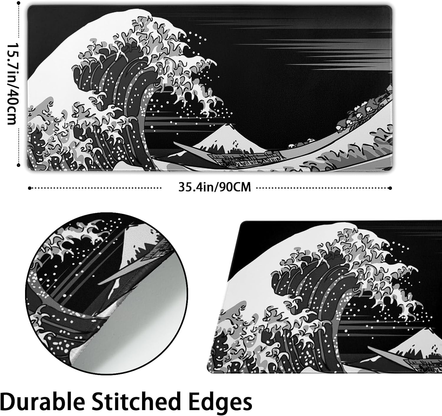 Japanese Sea Wave Large Mouse Pad Abstract Black Sea Wave Texture Mouse Pad Non-Slip Rubber Base Large Gaming Mousepad, Kanagawa Stitched Edges PC Keyboard Desk Mat for Home Office 35.4 x 15.7 Inch