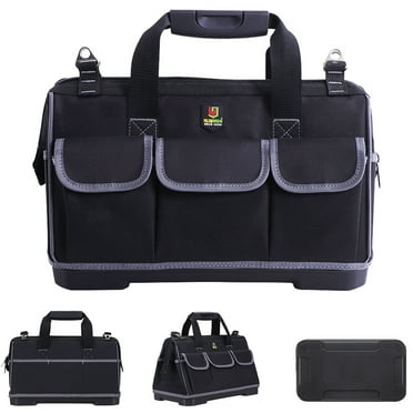 17-inch Tool Bag with 16 Pockets, Tool Bag with Wide Mouth and Waterproof Molded Base，Waterproof Oxford Canvas Hand Tool Storage Bag, Tool Kit Organizer Bag，Black