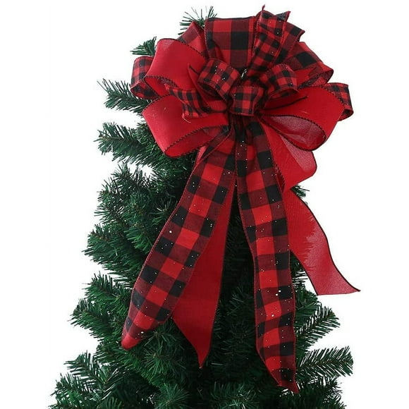 Lazo rojo para adorno de árbol de Navidad, serpentina de malla para adornos navideños, decoración de corona (negro y rojo)